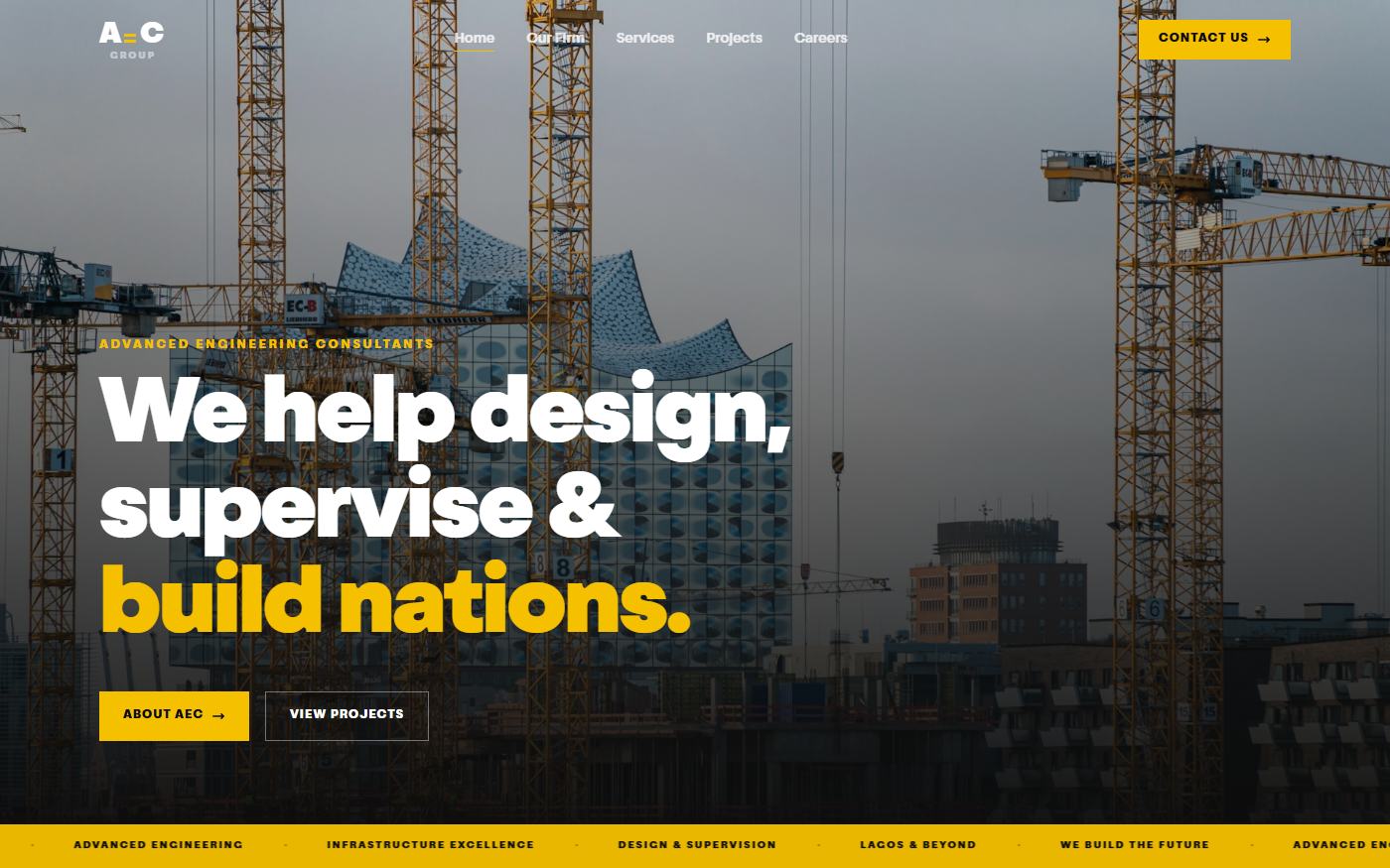 Home page of an engineering consultancy site, black and gold, with a photograph of tower cranes over a construction site.