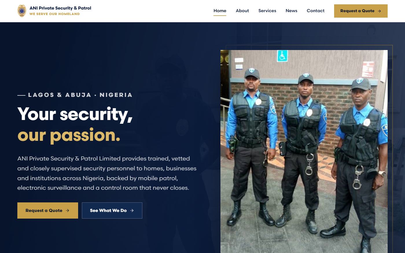 Home page of a security company site, navy and gold, with a photograph of uniformed officers on patrol.