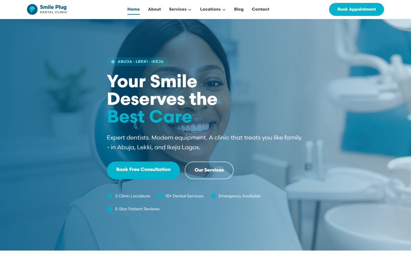 Home page of a dental clinic site, teal and white, with a photograph of a smiling patient in a dental chair.